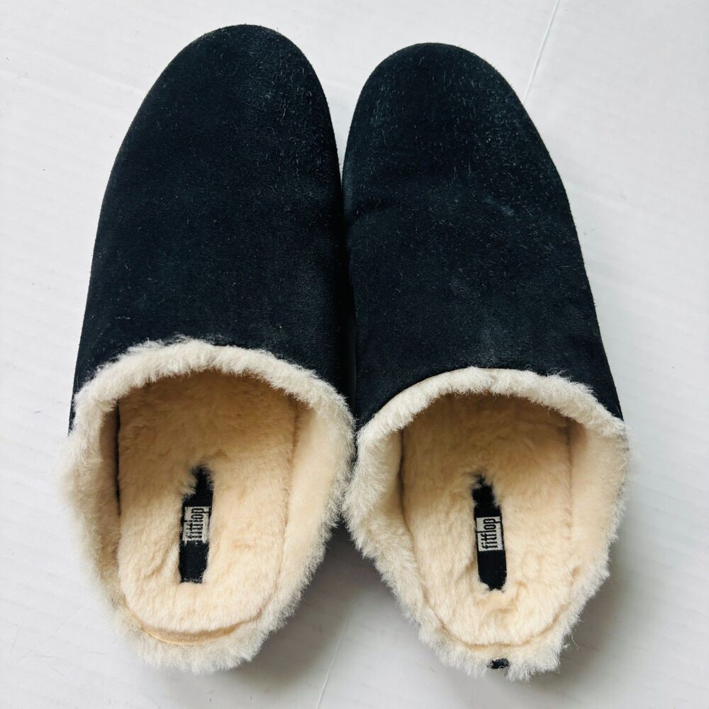 FitFlop Chrissie Shearling Slipper Mule Black Suede Womens Size 9 Cabin Chic - Picture 5 of 10